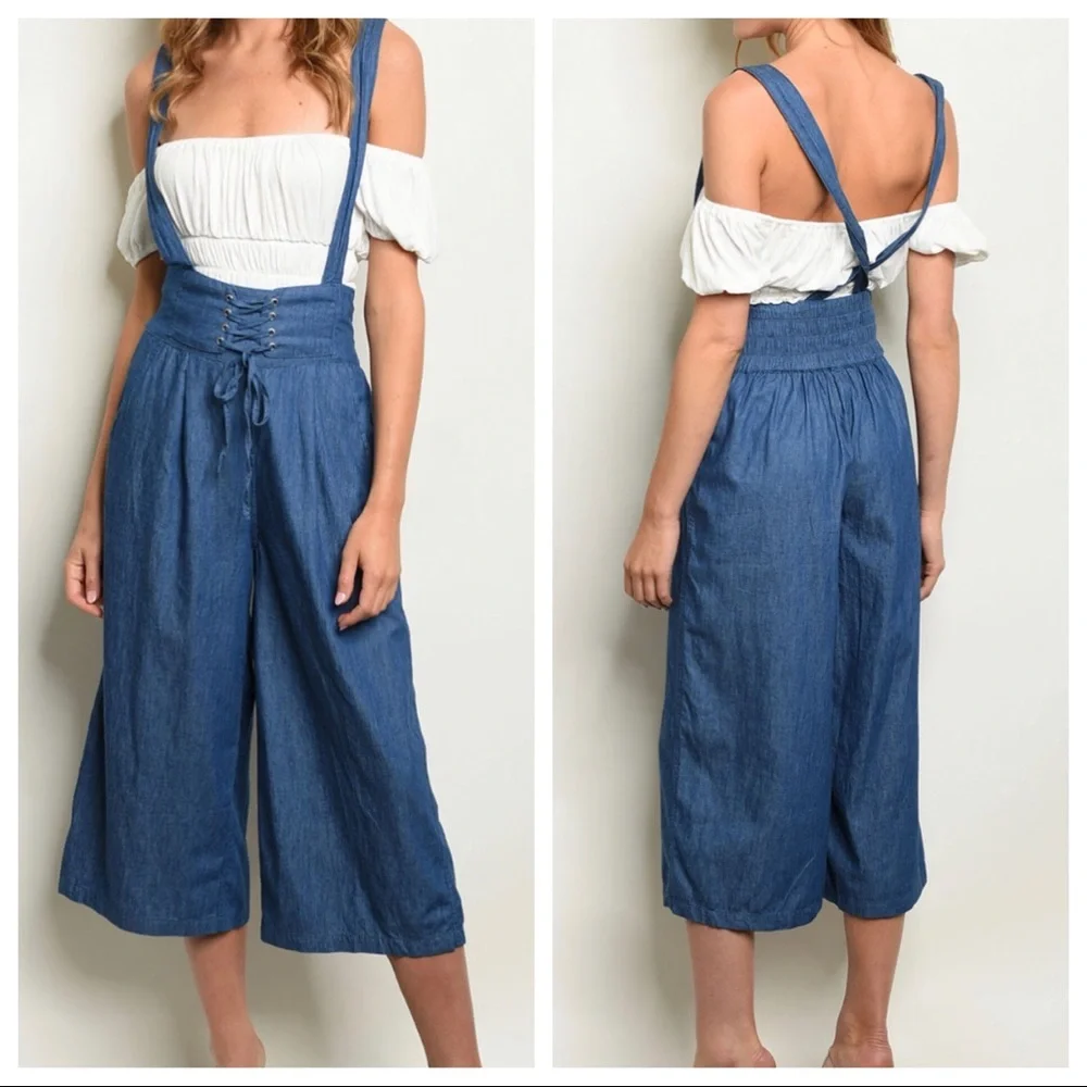 VERY J cropped criss-cross strap romper w/pockets - Picture 1 of 8